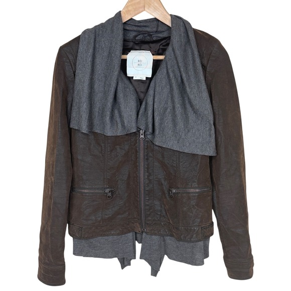 Anthropologie HEI HEI Brown Faux Leather Waterfall Drape Collar Biker Jacket XS - Picture 2 of 10